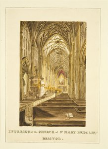 Blick auf das Mittelschiff von St. Mary Redcliffe, nach Osten, mit dem Hogarth-Altarbild, ca. 1824 von John Withers