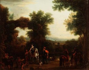 Eine Jagdgesellschaft, die Zigeunern in einer bewaldeten Flusslandschaft Almosen gibt von John Wootton