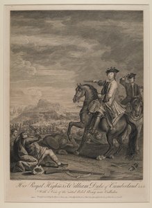 H.R.H. William, Herzog von Cumberland, mit Blick auf die geschlagene Armee bei Culloden, 1746, veröffentlicht von B. Baron, 1747 von John Wootton