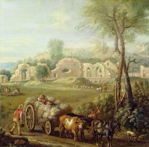 Heuwagen passiert eine verfallene Abtei, ca. 1740-50 von John Wootton