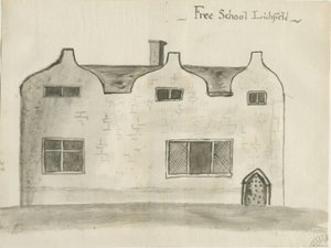 Lichfield - Grammar School: Sepia-Waschzeichnung, undatiert [1784] von John Wright