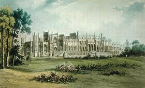 Eaton Hall, Westseite des Gartenfronts, aus Ackermanns Repository of Arts, veröffentlicht um 1826