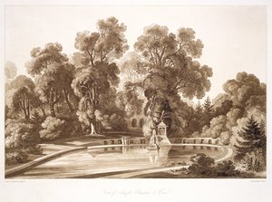 Ansicht des Tempelbrunnens und der Höhle, Sezincote, graviert von Frederick Christian Lewis Snr., c.1817-18