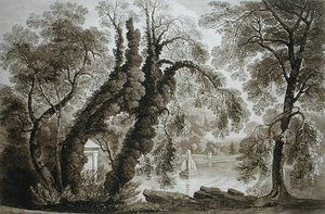 Ansicht des Tempelbrunnens von der gegenüberliegenden Seite, Sezincote, graviert von Frederick Christian Lewis Snr., c.1817-18 von John after Martin