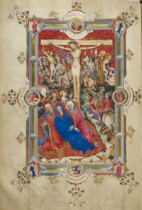 Die Kreuzigung, Einführung des Kanons der Messe. Christus am Kreuz, flankiert von Dieben, ohnmächtige Jungfrau, unterstützt von Frauen und St. Johannes, Magdalena am Fuß des Kreuzes. Menge von berittenen Zuschauern in zeitgenössischer Kleidung, einschließl
