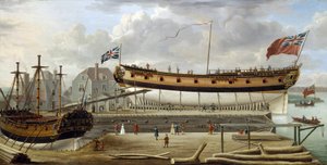 Ein Sechstratenschiff der britischen Royal Navy im Trockendock, wahrscheinlich in der Werft von Rotherhite an der Südbank der Themse von John the Elder Cleveley