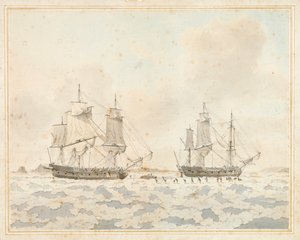 Die britischen Schiffe Racehorse und Carcass, im Eis während einer Arktisexpedition gefangen, 31. Juli