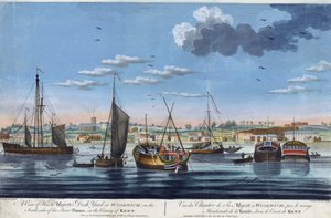 Ansicht der königlichen Docks in Woolwich, am linken Ufer der Themse (England), in der Grafschaft Kent. Farbradierung von John Clevely dem Jüngeren (1747-1786)