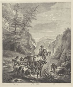 Hirten mit Vieh auf einem Bergpfad