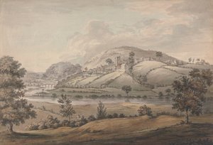 Hügelige Landschaft mit Dorf und Fluss