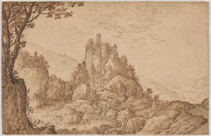 Ein Schloss auf einem Felsen in einer bergigen Landschaft von Joos de Momper II