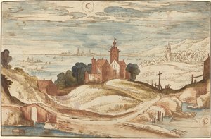 Landschaft mit Schloss auf einem Hügel von Joos de Momper II