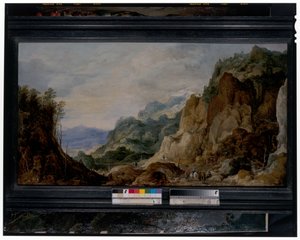 Panoramische Berglandschaft mit Handwerksburschen, die den Armen geben, Packpferde im Hintergrund