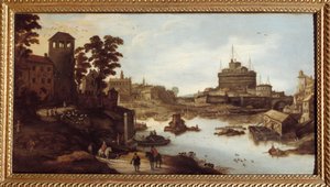 Ansicht des Tibers und der Engelsburg in Rom. Ein Haus auf Stelzen rechts. Gemälde von Josse Momper II (1564-1635), 17. Jahrhundert. Châlons-sur-Marne, Stadtmuseum