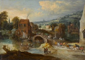 Dorflandschaft mit einer Brücke von Joos or Josse de The Younger Momper