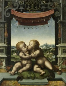 Die Kinder Christus und Johannes der Täufer umarmen sich von Joos van Cleve