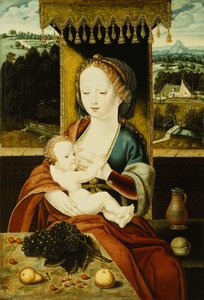 Die Madonna und das Kind, unter einem Baldachin sitzend, an einem Tisch mit Früchten, in einer Landschaft