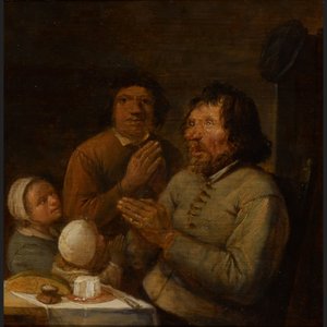 Innenraum mit einer betenden Bauernfamilie