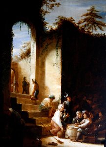 Bauern und Soldaten in einem Hof