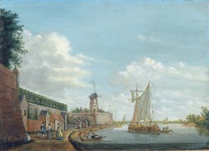 Eine Flusslandschaft mit eleganten Stadtbewohnern, die an einer Stadtmauer spazieren gehen, ca. 1776