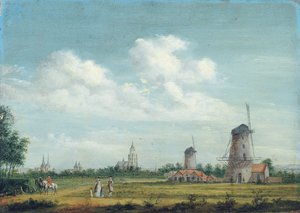 Ein Blick auf Arnhem mit der St. Walburgskerk links und der Grote Kerk rechts, elegante Stadtbewohner spazieren in der Nähe, 1776