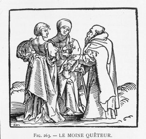 Der Quetter-Mönch: Holzschnitt von Jörg Breu, der den Titel eines Heftes im Geiste der Reformation bildet, das um 1522 in Augsburg veröffentlicht wurde: „Freundliches Gespräch zwischen einem Karmeliter aus der Provinz Österreich und einer Magd“