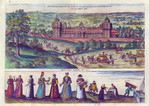 Ankunft von Königin Elizabeth I. im Nonesuch Palace und Männer und Frauen aus der Tudor-Gesellschaft, 1598 von Joris Hoefnagel