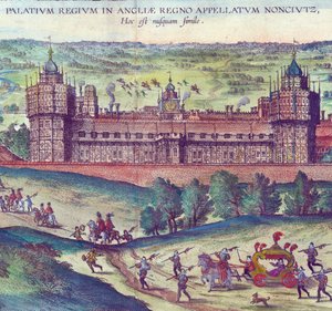 Ankunft von Königin Elizabeth I. im Nonsuch Palace, 1598 (Detail) von Joris Hoefnagel