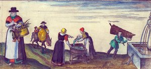 Landvolk auf dem Weg zum Markt, Fischweiber verkaufen Hecht und ein Lehrling holt Wasser aus einem Brunnen, 1598 (Detail)
