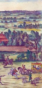Höflinge und Jagdhunde begleiten die Ankunft von Königin Elizabeth I. im Nonsuch Palace, 1598 (Detail)