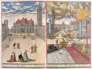 Venedig, Italien: Kirche St. Markus und das Feuer im Dogenpalast von Venedig im Jahr 1577 (Zeichnung) von Joris Hoefnagel