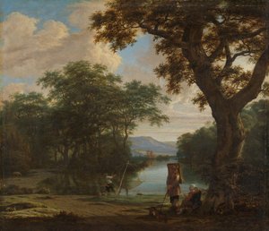 Landschaft mit Fischer mit einem quadratischen Netz