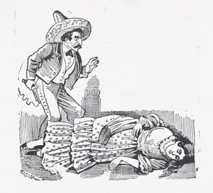 Ein Mann mit einer Waffe steht über einer Frau, die er gerade erschossen hat von José Guadalupe Posada