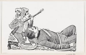 Ein Revolutionär mit einem Gewehr, der kniet, um einen gefallenen Revolutionär zu schützen, ca. 1880-1910 von José Guadalupe Posada