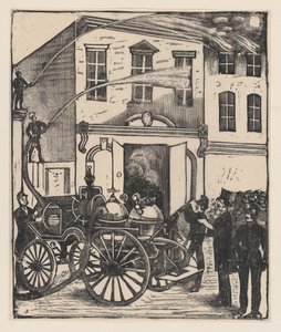 Feuerwehrleute löschen ein Feuer in einem Haus, Feuerwehrauto im Vordergrund, ca. 1880-1910