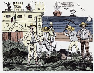 Die mexikanische Revolution (1910-1920): Gruppen von Gefangenen bei Zwangsarbeit - Xylographie von Jose Guadalupe Posada (1852-1913) von José Guadalupe Posada
