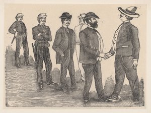 Zwei Männer schütteln sich die Hand im Vordergrund und Offiziere beobachten sie im Hintergrund von José Guadalupe Posada