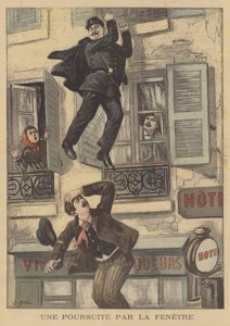 Ein Polizist jagt einen Verbrecher, indem er aus einem Fenster springt von Jose Belon