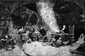 Sabbatszene, ein Zauberer leitet die Zeremonie und beschwört Kreaturen in einem magischen Kessel. Hexen nehmen an der Szene teil. Nach einer Zeichnung von Jose Benlliure y Gil (1855-1937)
