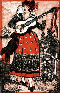 Titelblatt eines Liederbuchs mit einer Mexikanerin mit Gitarre von José Guadalupe Posada
