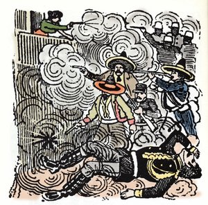 Die mexikanische Revolution (1910-1920): Angriff auf das Haus von Aquiles Serdan (1876-1910). Xylographie von Jose Guadalupe Posada (1852-1913). von José Guadalupe Posada