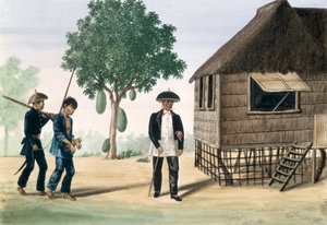 Ein Gefangener, der von einem Polizisten und einem Ratsherrn abgeführt wird, aus "The Flebus Album of Views In and Around Manila", ca. 1845 von Jose Honorato Lozano