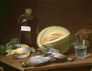 Stillleben mit Melone und Vögeln von Jose Lopez Enguidanos