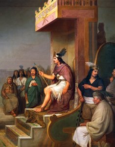 Der Kaiser auf dem Thron, Detail aus Entdeckung des Pulque, mesoamerikanisches alkoholisches Getränk, Öl auf Leinwand von Jose Maria Obregon (1832-1902)