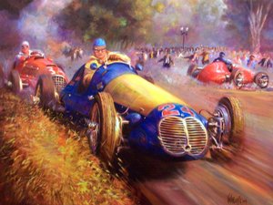 Juan Manuel Fangio fährt den Maserati 4Cl im Wald von Palermo, Buenos Aires von Jose Maria Villafuerte