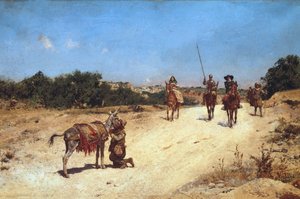 Das Treffen von Sancho Panza und seinem Esel Rucio, Illustration von Don Quijote, um 1878 von Jose Moreno Carbonero