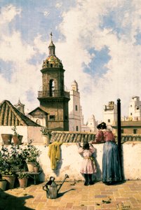 Dachterrasse in Cadiz. Eine Mutter und Tochter gießen wahrscheinlich die Pflanzen mit der Gießkanne in der Mitte der Terrasse. Gemälde von Jose Perez Siguimboscum (19. Jahrhundert), Ende 19. Jahrhundert. Öl auf Leinwand. Cadiz, Museo Provincial de Cadiz. von Jose Perez Siguimboscum