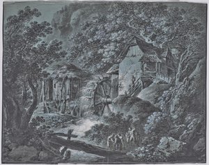 Mühle in Waldlandschaft mit mehreren Personen und einem Riesen