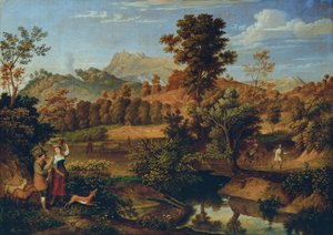 Italienische Landschaft mit pflügendem Landmann (Die Serpentara bei Olevano, Landschaft bei Paliano) von Josef Anton Koch