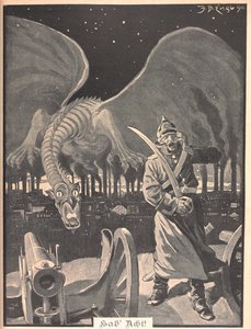 Zeichnung für das Gedicht "Wie die Nacht". Ein Drache, der aus dem Rauch von Fabriken entsteht, hinter einem deutschen Soldaten. Eine surreale Szene von Josef Benedikt engl